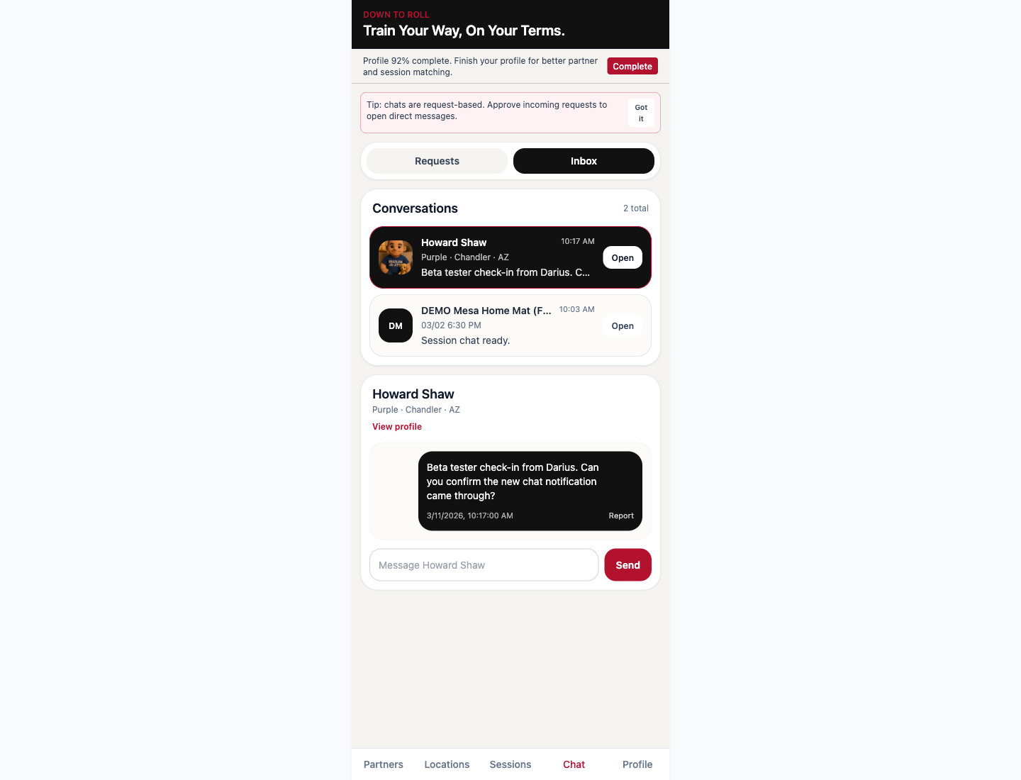 Down To Roll chat inbox